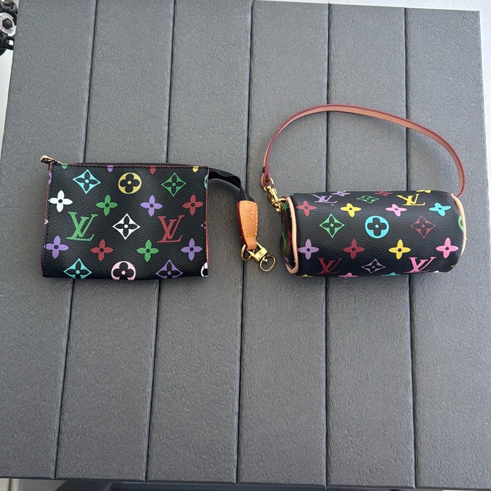 Designer Inspired Black Multicolor Wallet & Wristlet Set